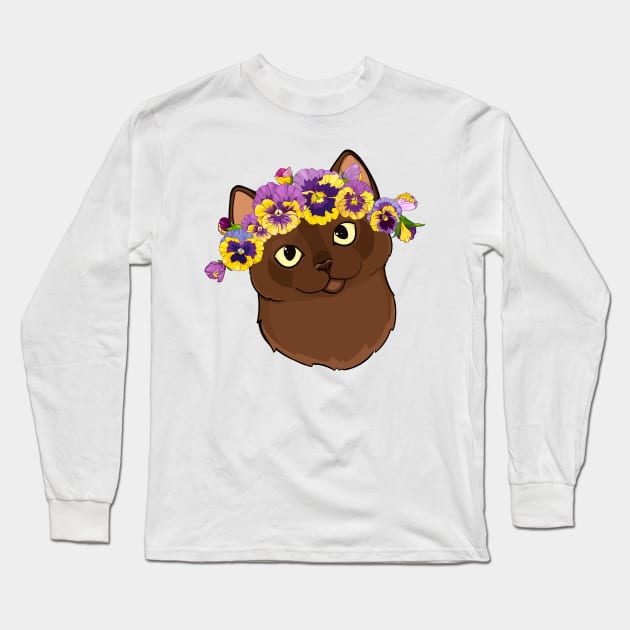 cat with pansies Long Sleeve T-Shirt by  ESHA-Studio